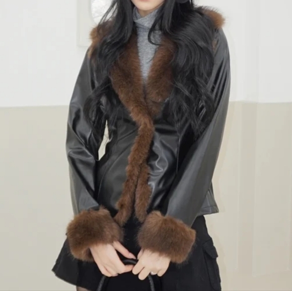 Chic Mood Brown Fur Cardigan faux leather jacket black brown small - Picture 8 of 9